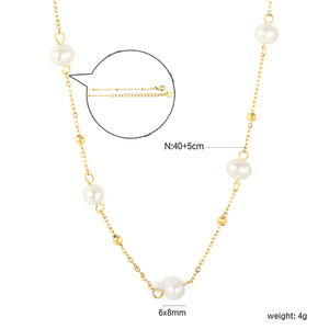 6x8mm Five Freshwater Pearls 0.35 Cross Bead Chain 40+5cm + 6mm Round Tail Tag Necklace Gold