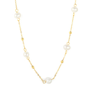 6x8mm Five Freshwater Pearls 0.35 Cross Bead Chain 40+5cm + 6mm Round Tail Tag Necklace Gold