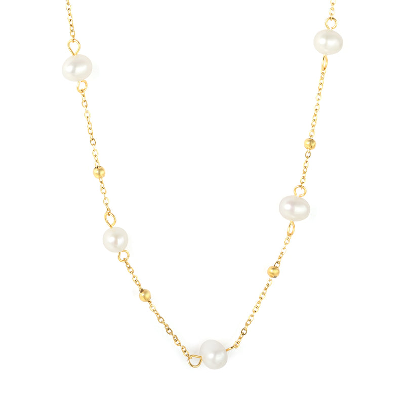 6x8mm Five Freshwater Pearls 0.35 Cross Bead Chain 40+5cm + 6mm Round Tail Tag Necklace Gold