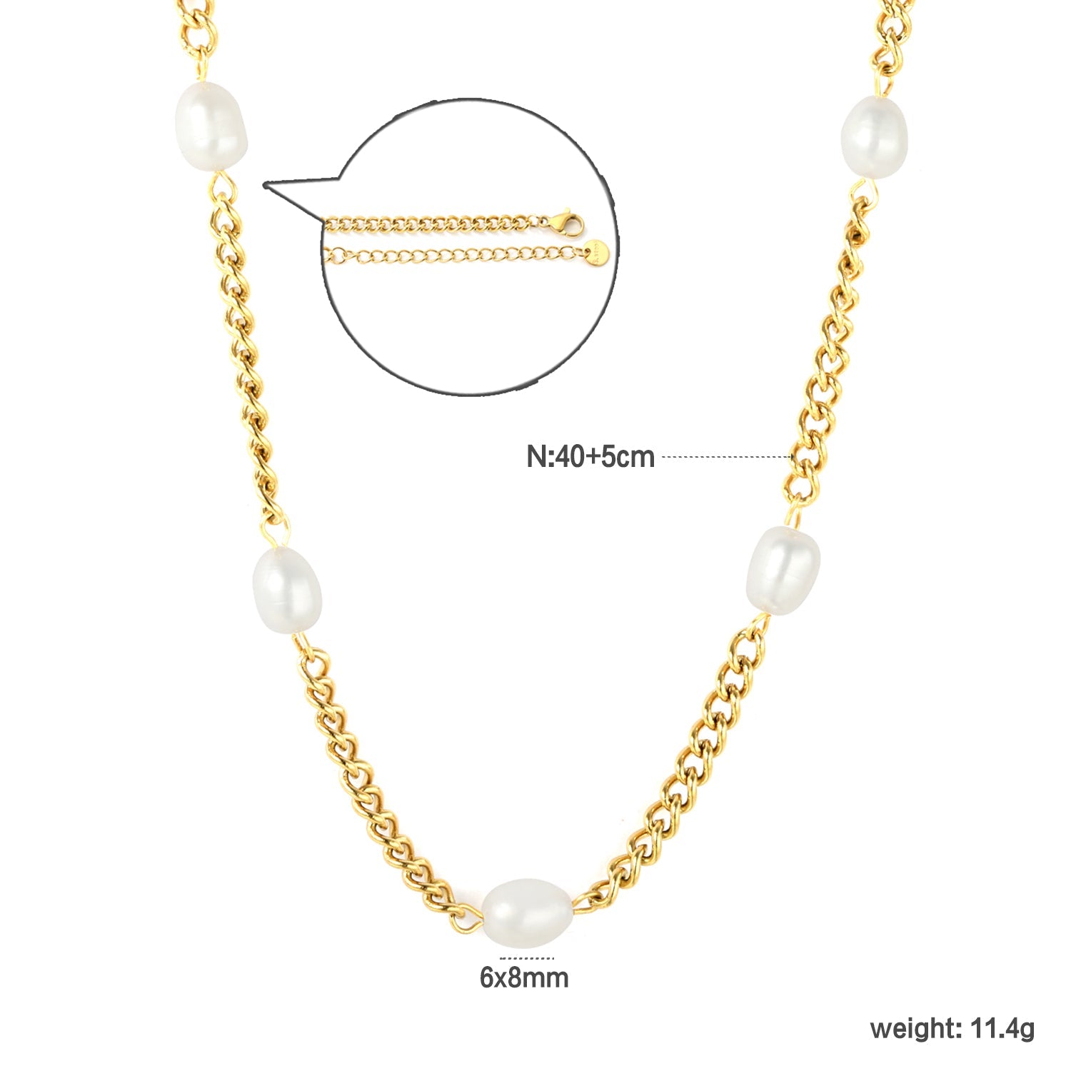 6*8mm 5 freshwater pearls 4mm side chain 40+5cm+6mm round pendant necklace, gold asonjewelry