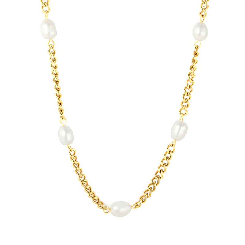 6*8mm 5 freshwater pearls 4mm side chain 40+5cm+6mm round pendant necklace, gold