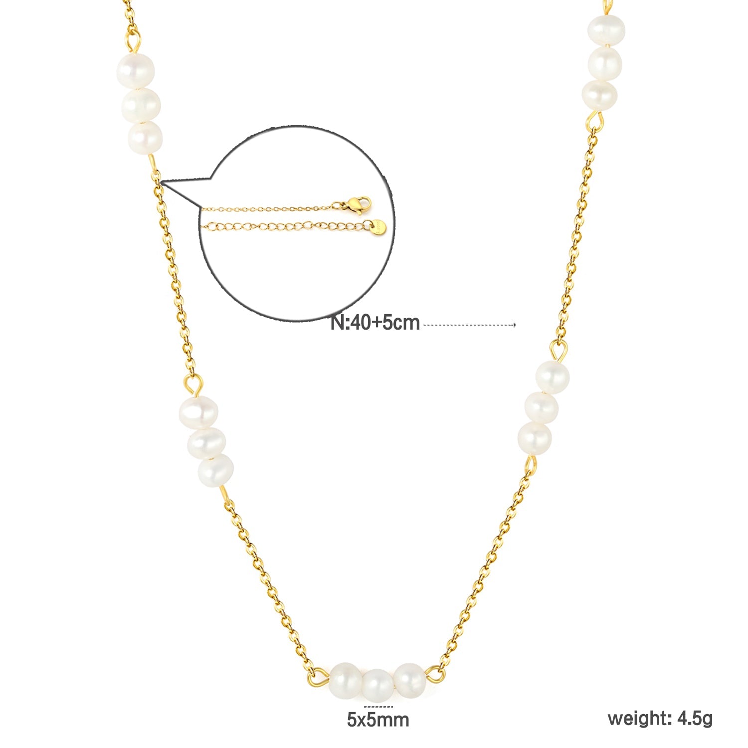 5x5mm 15 freshwater pearls 0.35 cross chain 40+5cm + 6mm round pendant necklace, gold asonjewelry