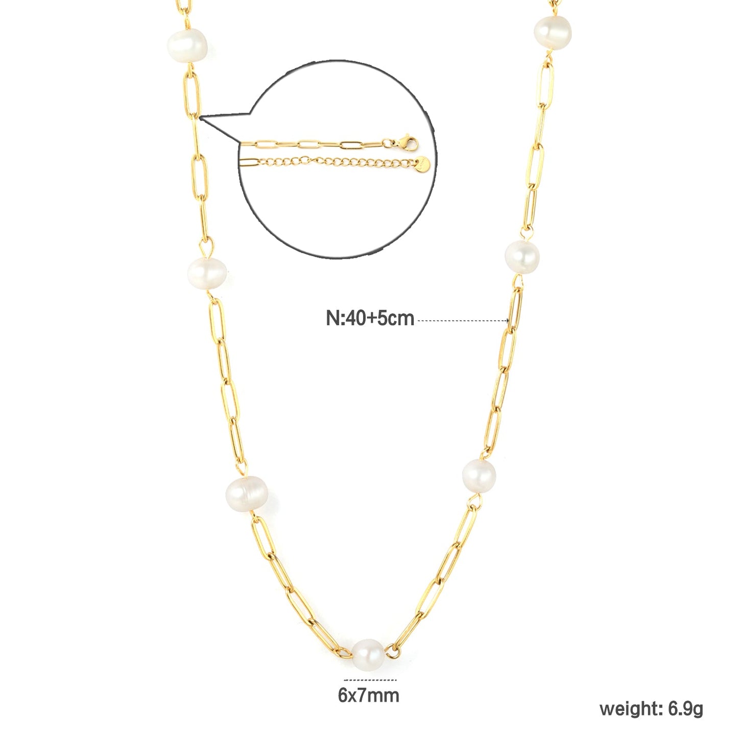 6x7mm 7 freshwater pearls 0.8x3x9 long flat cross 40+5cm + 6mm round pendant necklace, gold asonjewelry