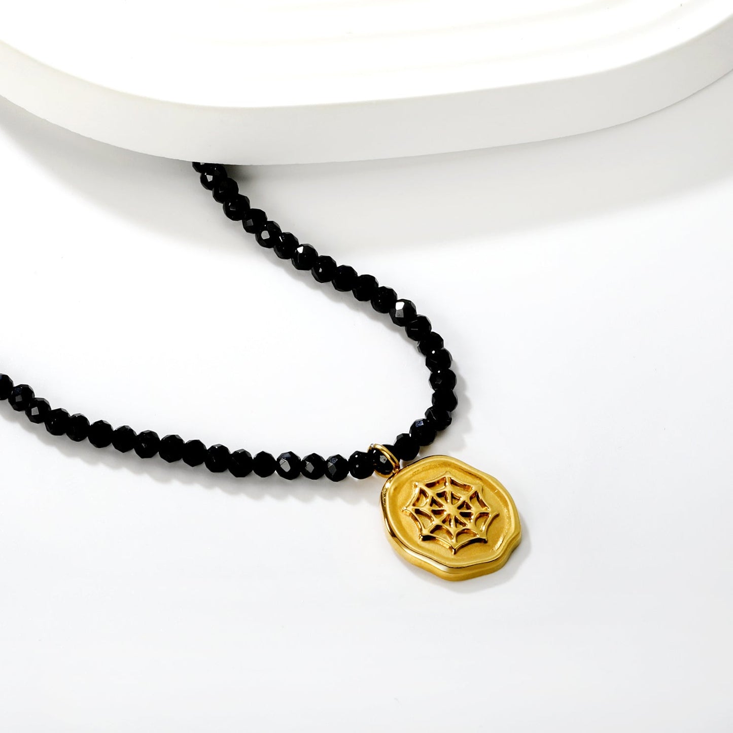 14.6*16.2mm Irregular Oval Halloween Spider Web Pendant 4mm Faceted Bead Chain 43+5cm 6mm Round Tag asonjewelry