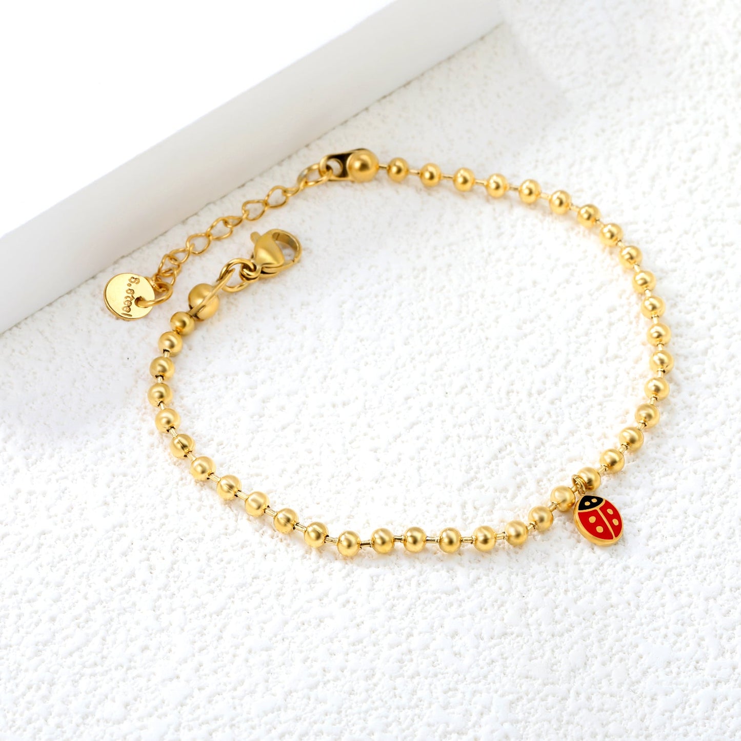 6*7.6mm Ladybird Accessories 3.0 Bead Chain*18+3cm+6mm Round Plaque Bracelet Golden asonjewelry