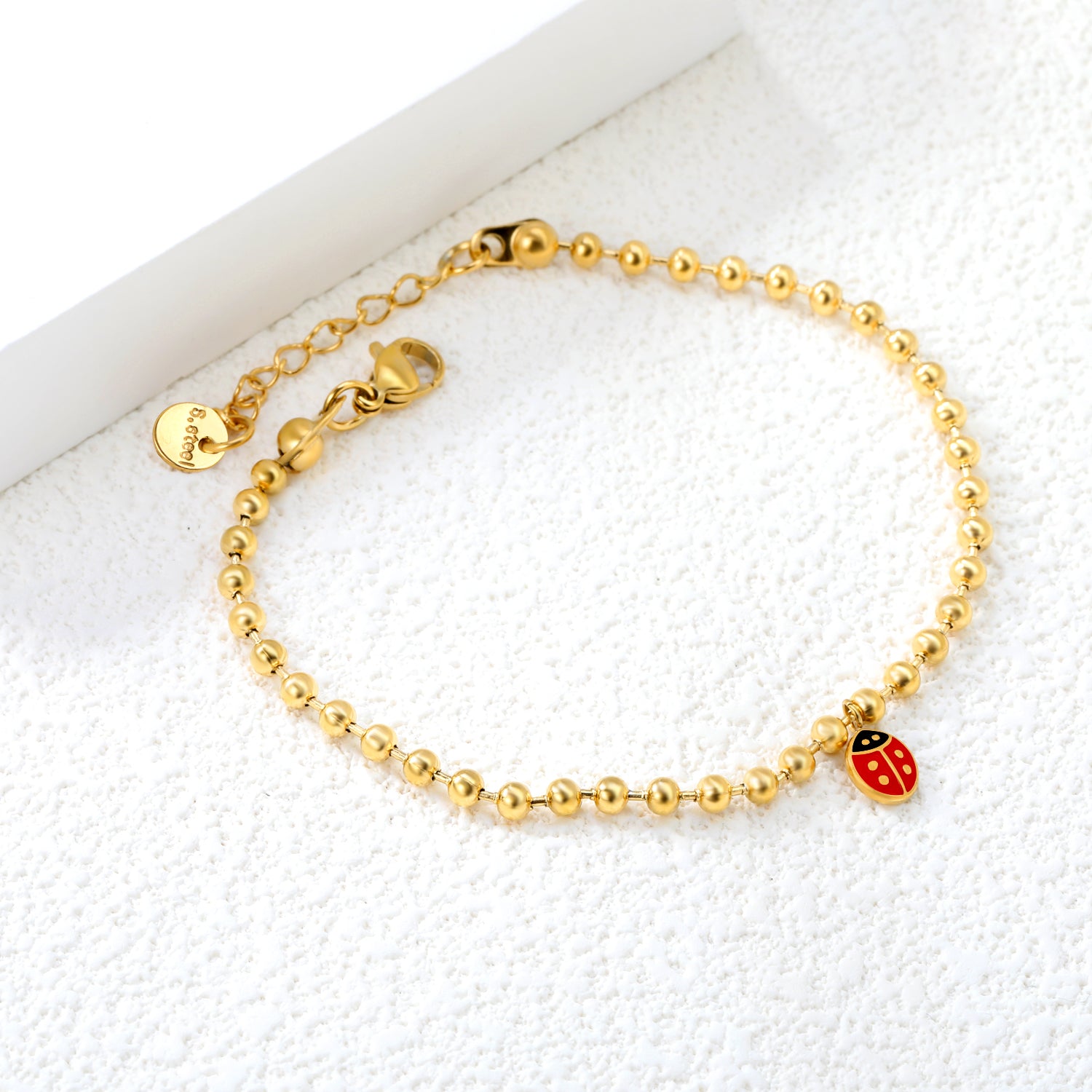 6*7.6mm Ladybird Accessories 3.0 Bead Chain*18+3cm+6mm Round Plaque Bracelet Golden asonjewelry