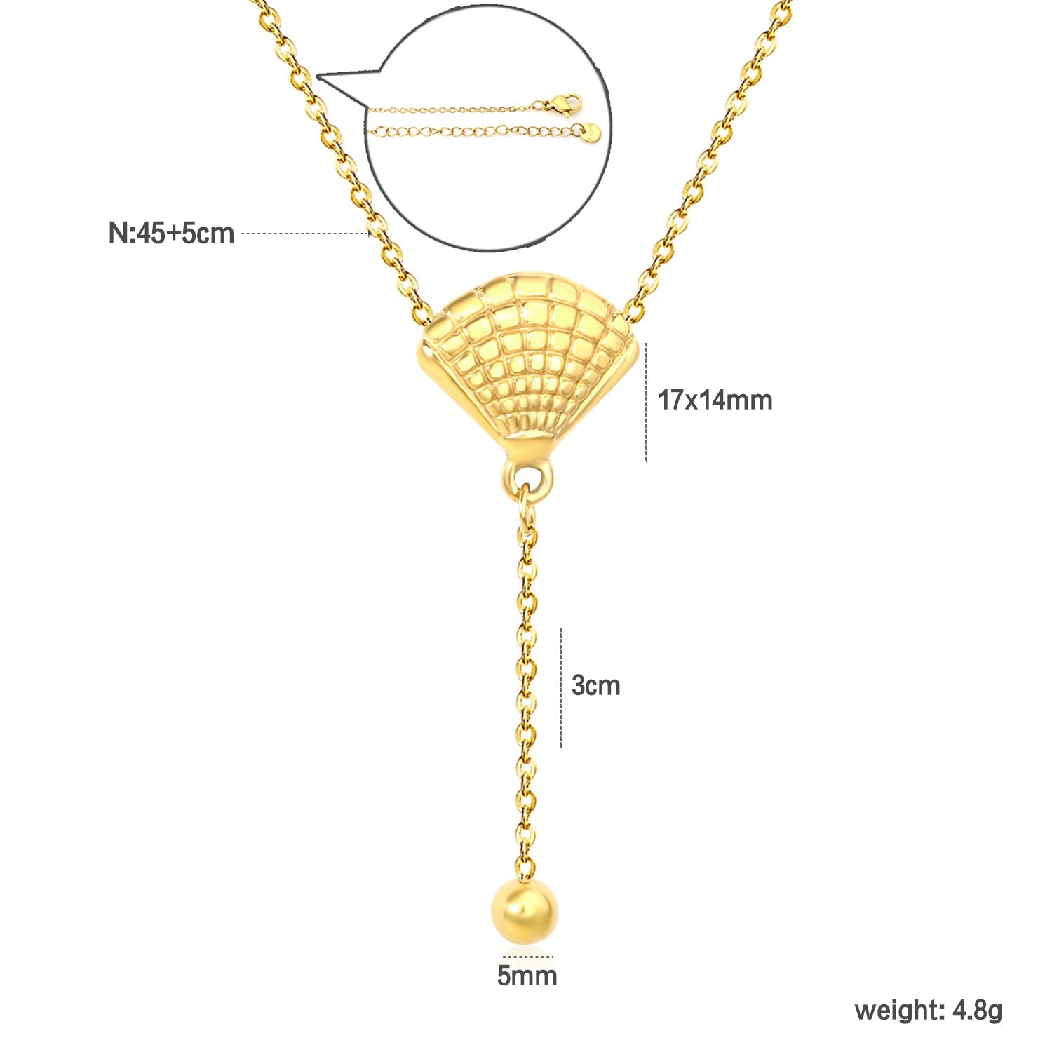 5mm round beads + 17x14mm shell, 0.35 cross chain, 40cm + 5cm + 6mm round pendant, shell and steel bead chain spaced 3cm apart, necklace, gold asonjewelry