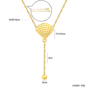 5mm round beads + 17x14mm shell, 0.35 cross chain, 40cm + 5cm + 6mm round pendant, shell and steel bead chain spaced 3cm apart, necklace, gold