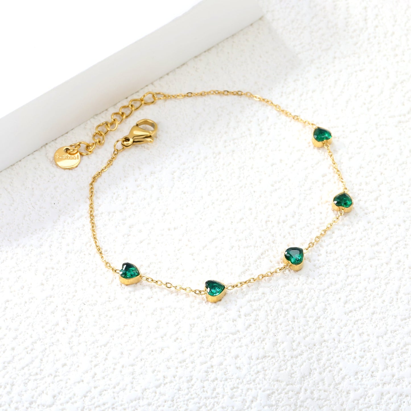5mm heart shaped emerald zirconium accessories 0.3 cross chain *17+3cm+6mm round plaque bracelet gold color asonjewelry