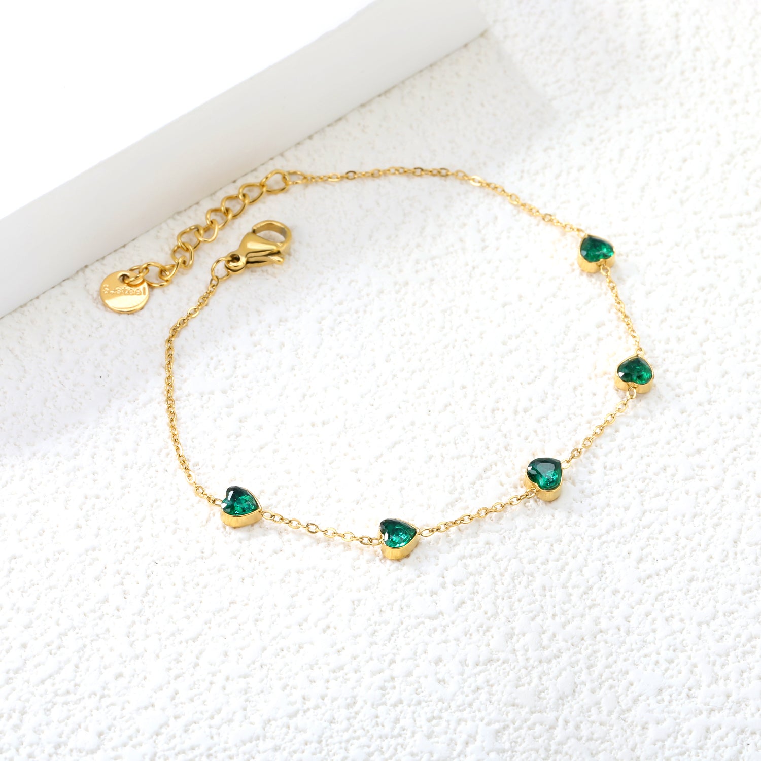 5mm heart shaped emerald zirconium accessories 0.3 cross chain *17+3cm+6mm round plaque bracelet gold color asonjewelry