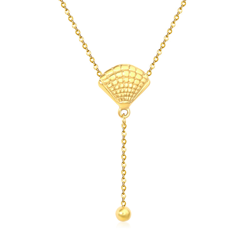 5mm round beads + 17x14mm shell, 0.35 cross chain, 40cm + 5cm + 6mm round pendant, shell and steel bead chain spaced 3cm apart, necklace, gold