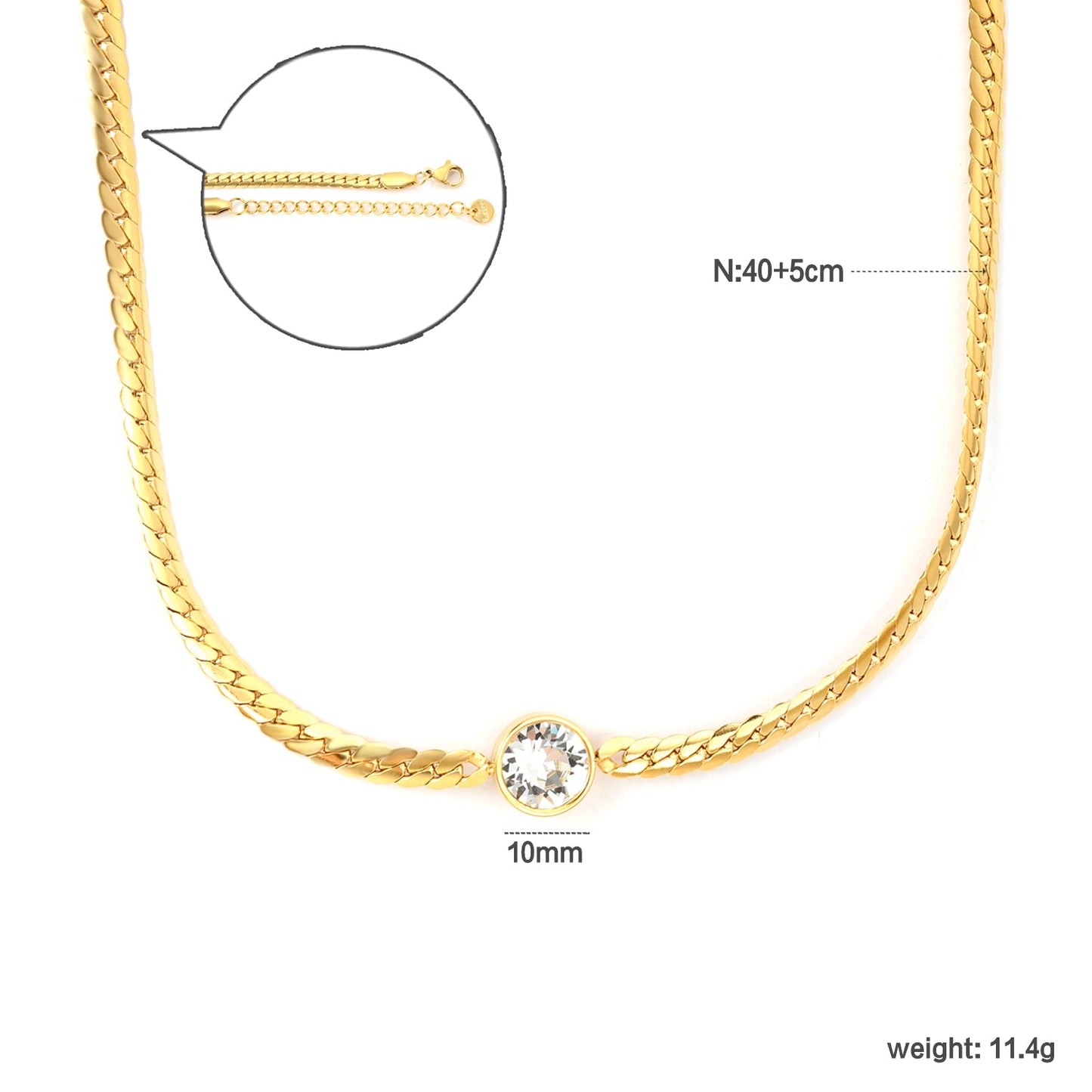 10mm Swarovski white diamond 4.2mm encrypted Cuban 40+5cm+6mm round pendant necklace, gold asonjewelry