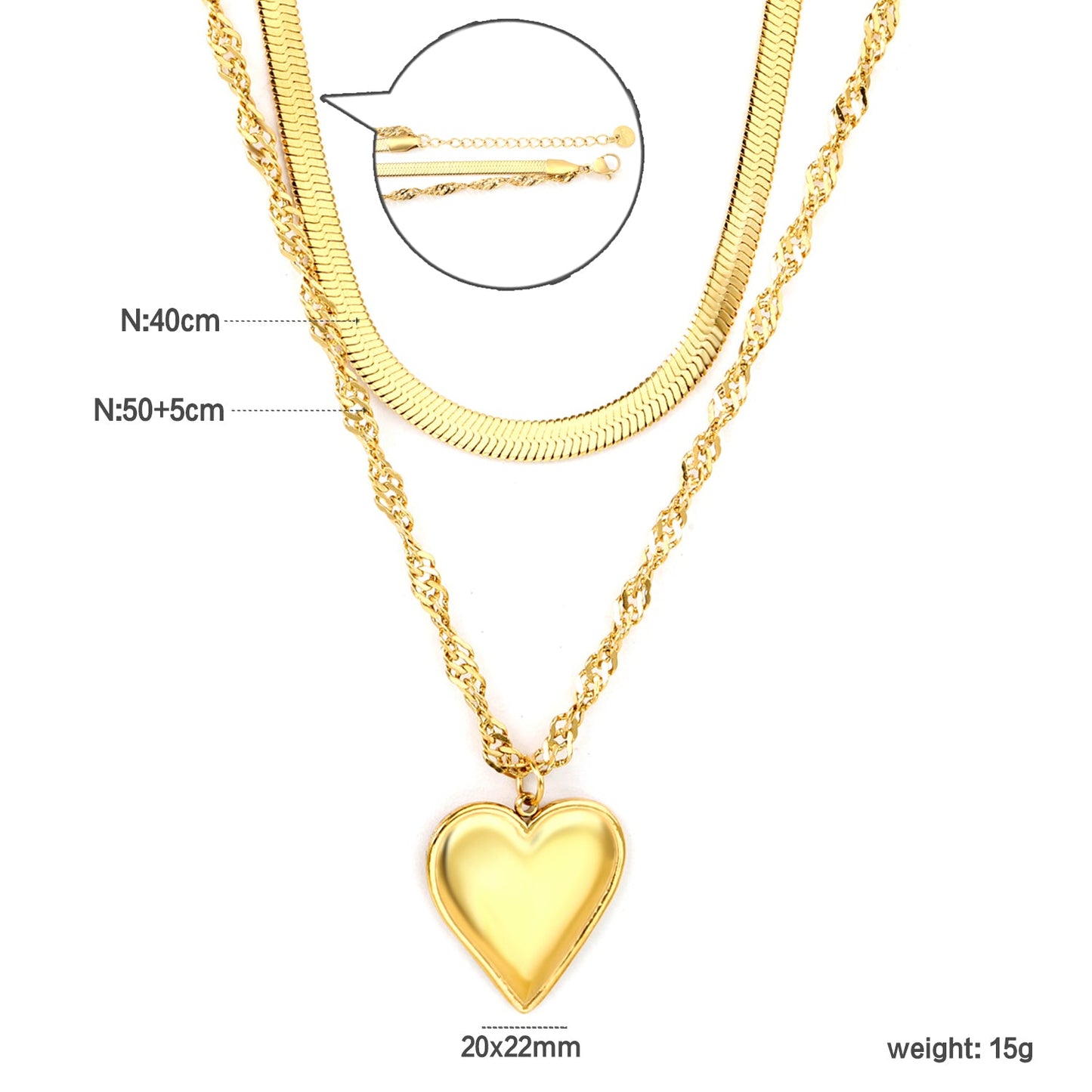 20x22mm heart-shaped accessory double chain 4mm blade chain 40cm + 3mm water glass chain 50x5cm + 6mm round tail tag necklace, gold asonjewelry