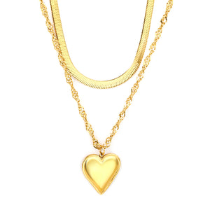 20x22mm heart-shaped accessory double chain 4mm blade chain 40cm + 3mm water glass chain 50x5cm + 6mm round tail tag necklace, gold