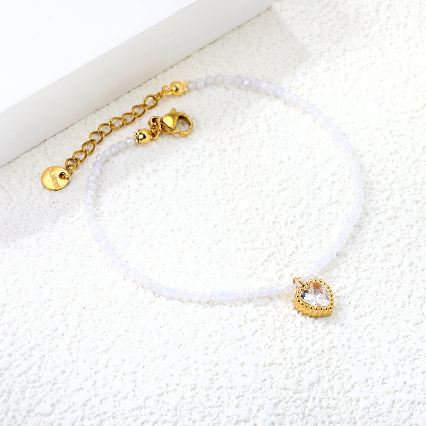 8.5*8.6mm Bead Edge Heart Shape Sticky White/Black/Purple/Red/Pink Zirconia Accessories 2mm White Beads*18+3cm+6mm Round Plaque Bracelet Golden asonjewelry