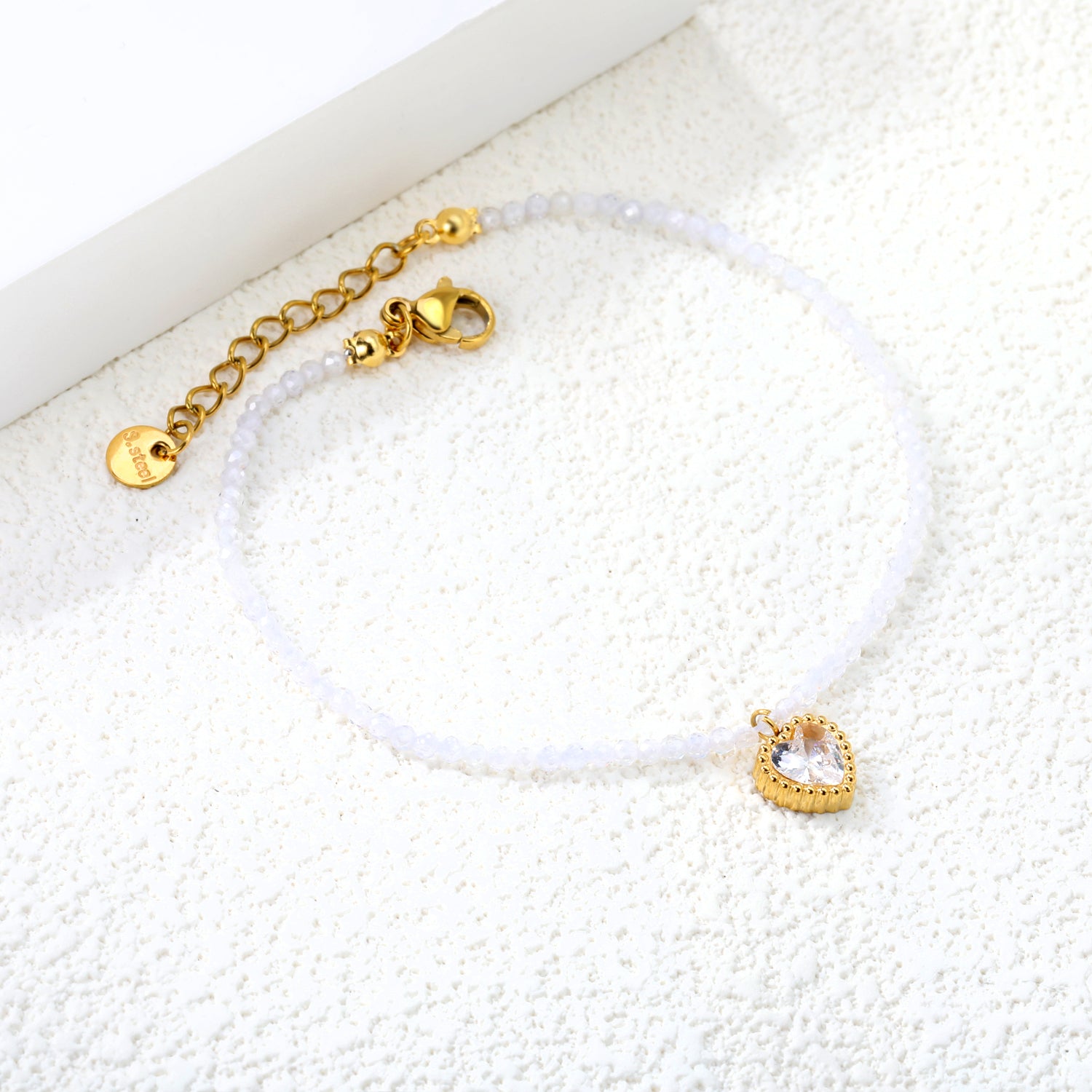 8.5*8.6mm Bead Edge Heart Shape Sticky White/Black/Purple/Red/Pink Zirconia Accessories 2mm White Beads*18+3cm+6mm Round Plaque Bracelet Golden asonjewelry