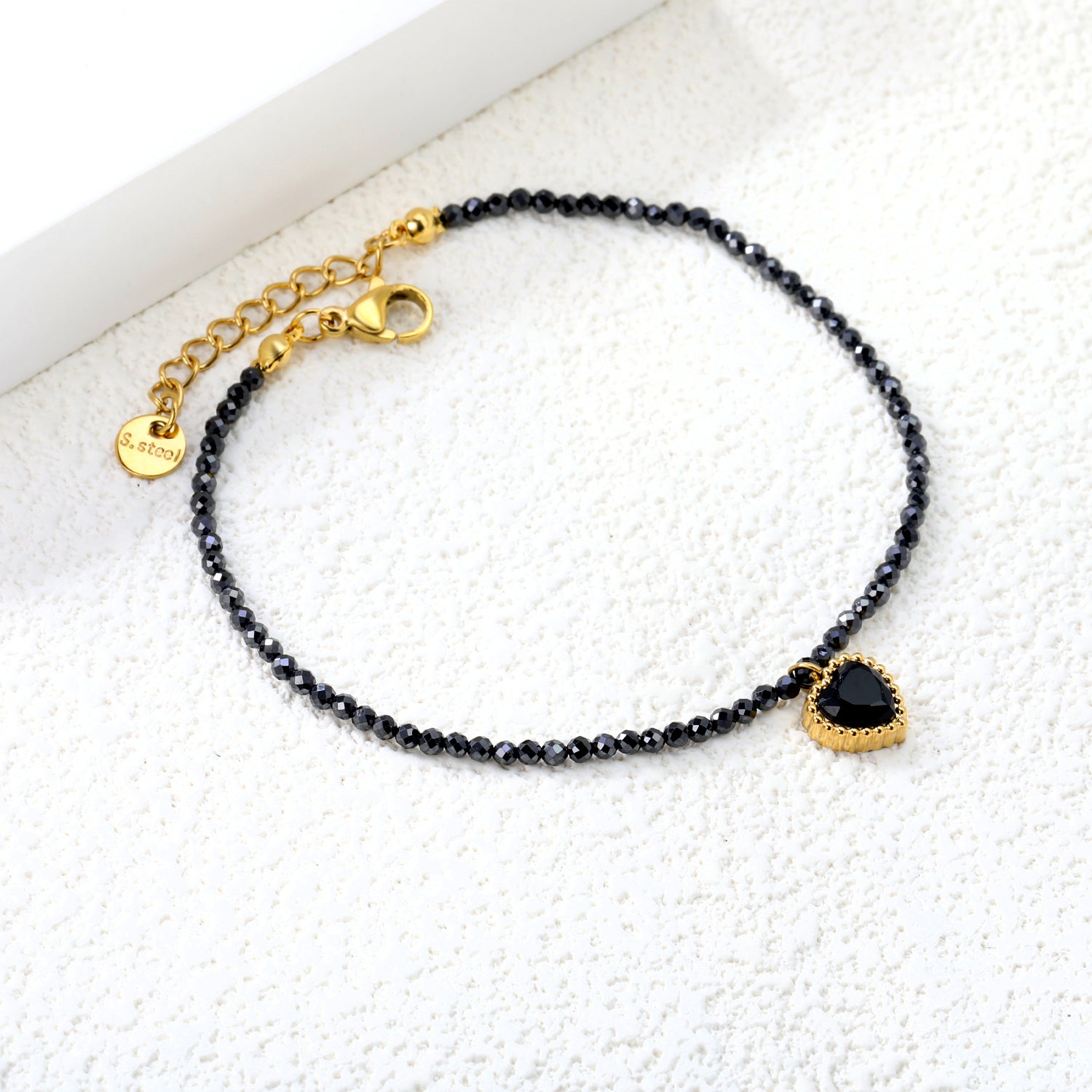 8.5*8.6mm Bead Edge Heart Shape Sticky White/Black/Purple/Red/Pink Zirconia Accessories 2mm White Beads*18+3cm+6mm Round Plaque Bracelet Golden asonjewelry