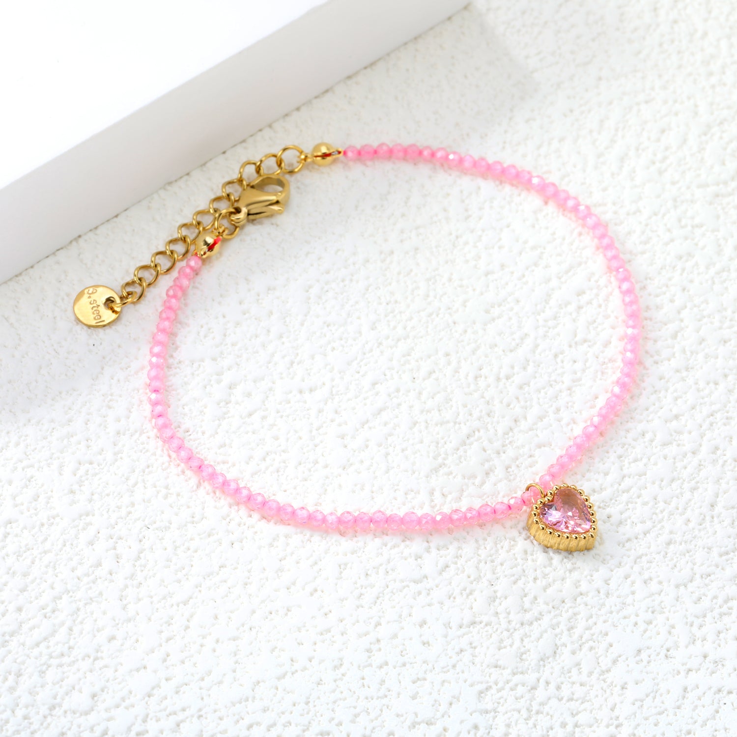 8.5*8.6mm Bead Edge Heart Shape Sticky White/Black/Purple/Red/Pink Zirconia Accessories 2mm White Beads*18+3cm+6mm Round Plaque Bracelet Golden asonjewelry