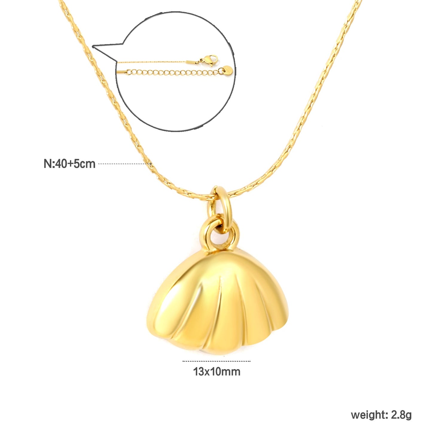 13x10mm shell pendant, 0.3 cross hammer round, 40+5cm + 6mm round tag, gold asonjewelry