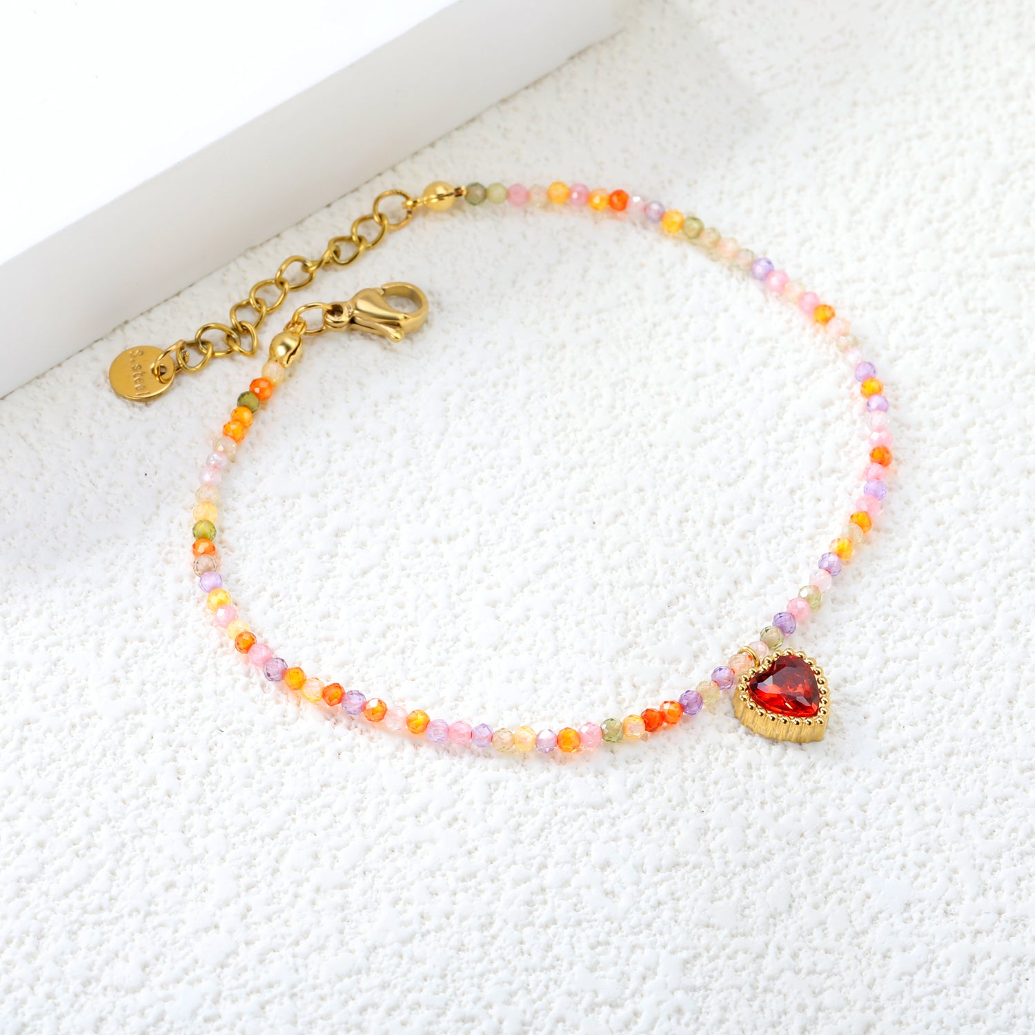 8.5*8.6mm Bead Edge Heart Shape Sticky White/Black/Purple/Red/Pink Zirconia Accessories 2mm White Beads*18+3cm+6mm Round Plaque Bracelet Golden asonjewelry