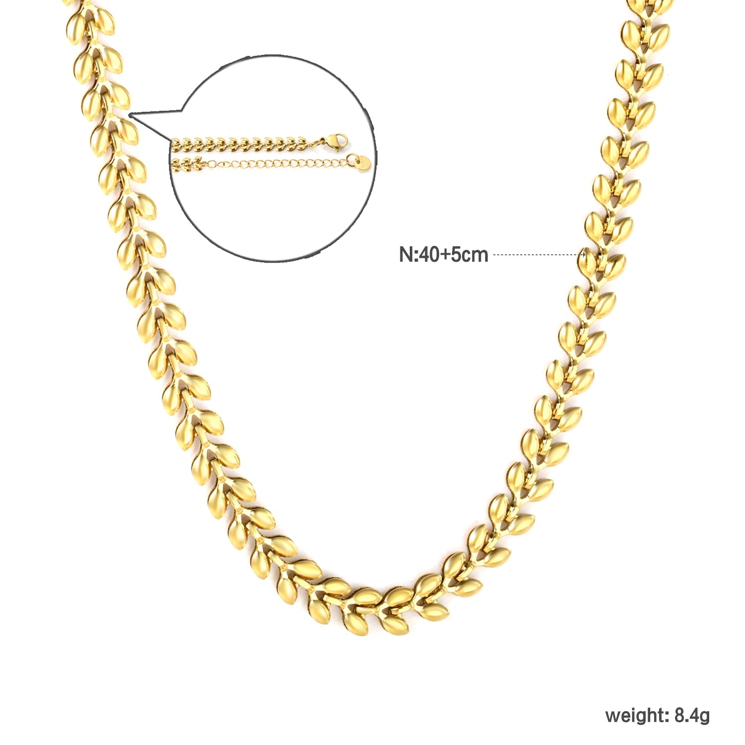 Heart-shaped wheat ear chain 40+5cm+6mm round pendant, gold asonjewelry