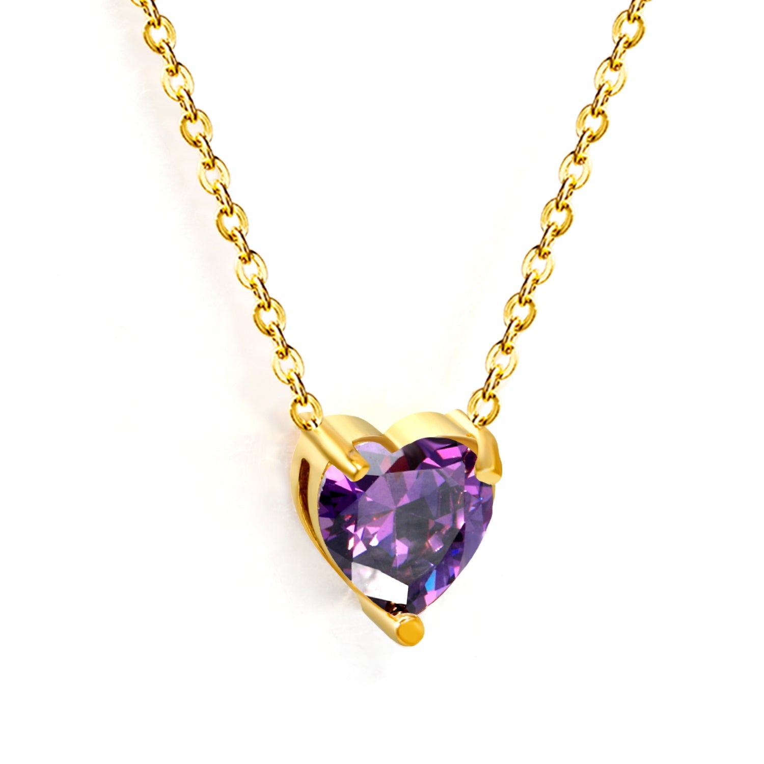8.4*9.4mm heart shaped white zirconium/purple zirconium/garnet red zirconium/pink zirconium pendant necklace 0.3 cross chain 40+5cm+6mm round end tag gold color asonjewelry