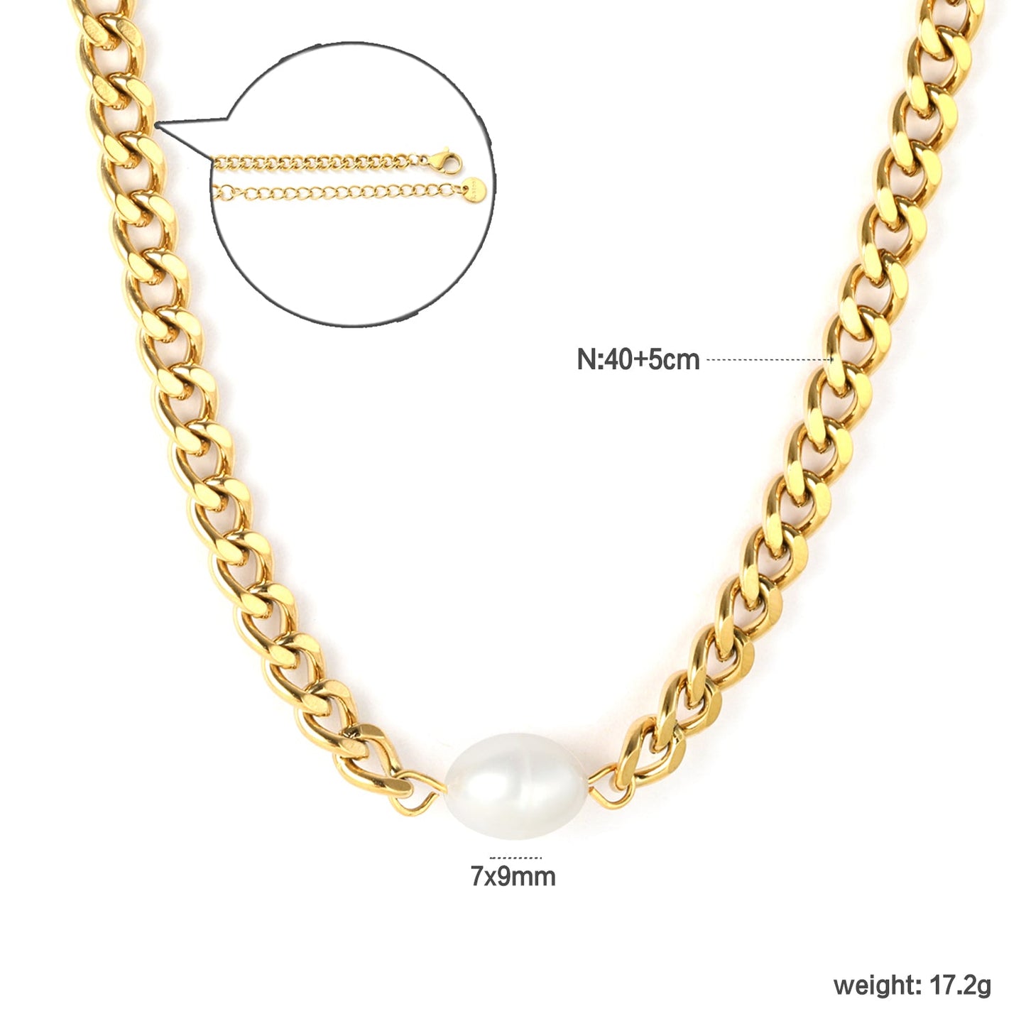 7x9mm freshwater pearls, 1.4x5mm double-sided polished chain, 1.0 single-clasp polished on both sides, 40+5cm + 6mm round pendant necklace, gold asonjewelry