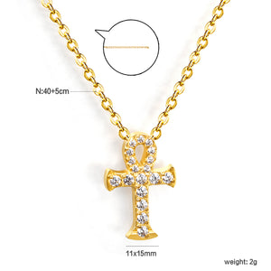 10*15mm cross with white zirconia pendant necklace 0.3 cross chain 40+5cm+6mm round end tag Gold color