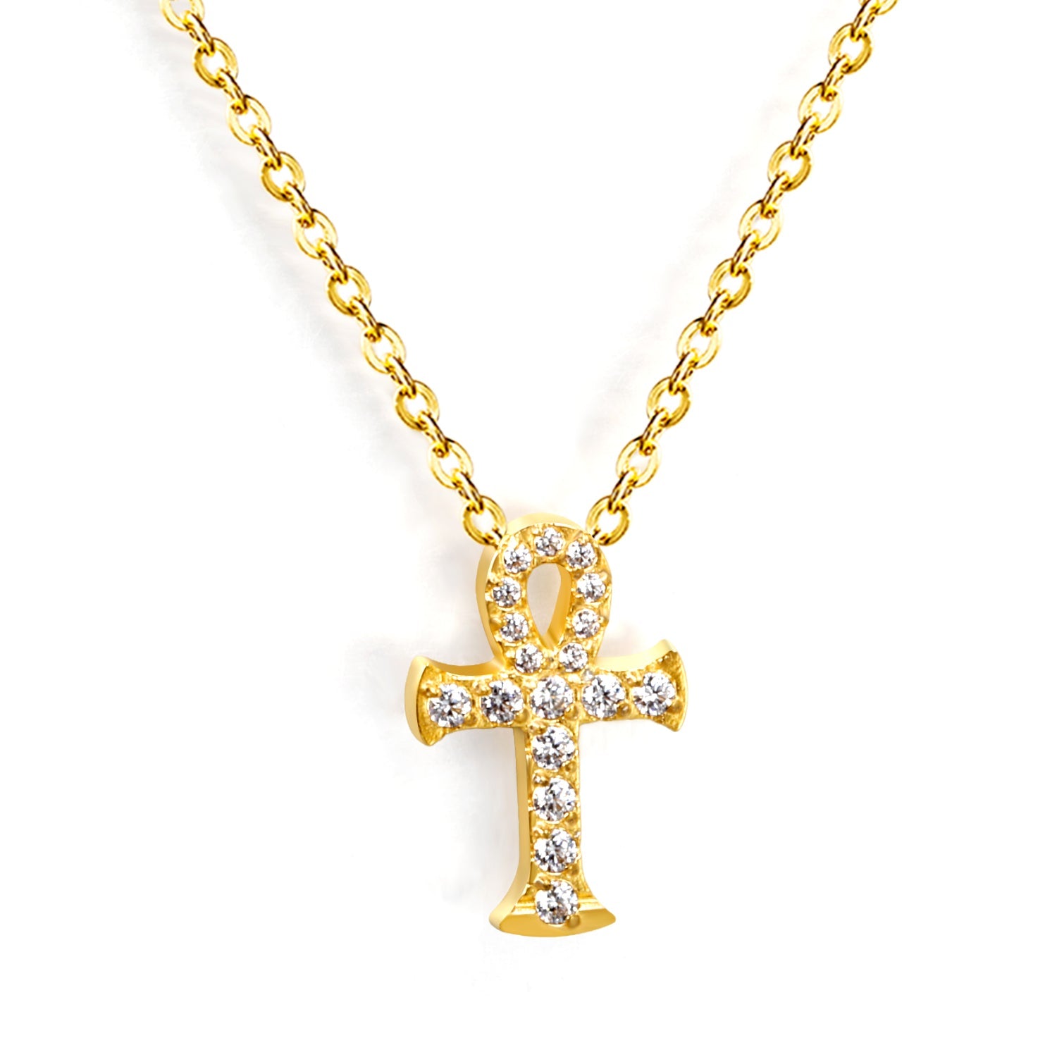 10*15mm cross with white zirconia pendant necklace 0.3 cross chain 40+5cm+6mm round end tag Gold color asonjewelry