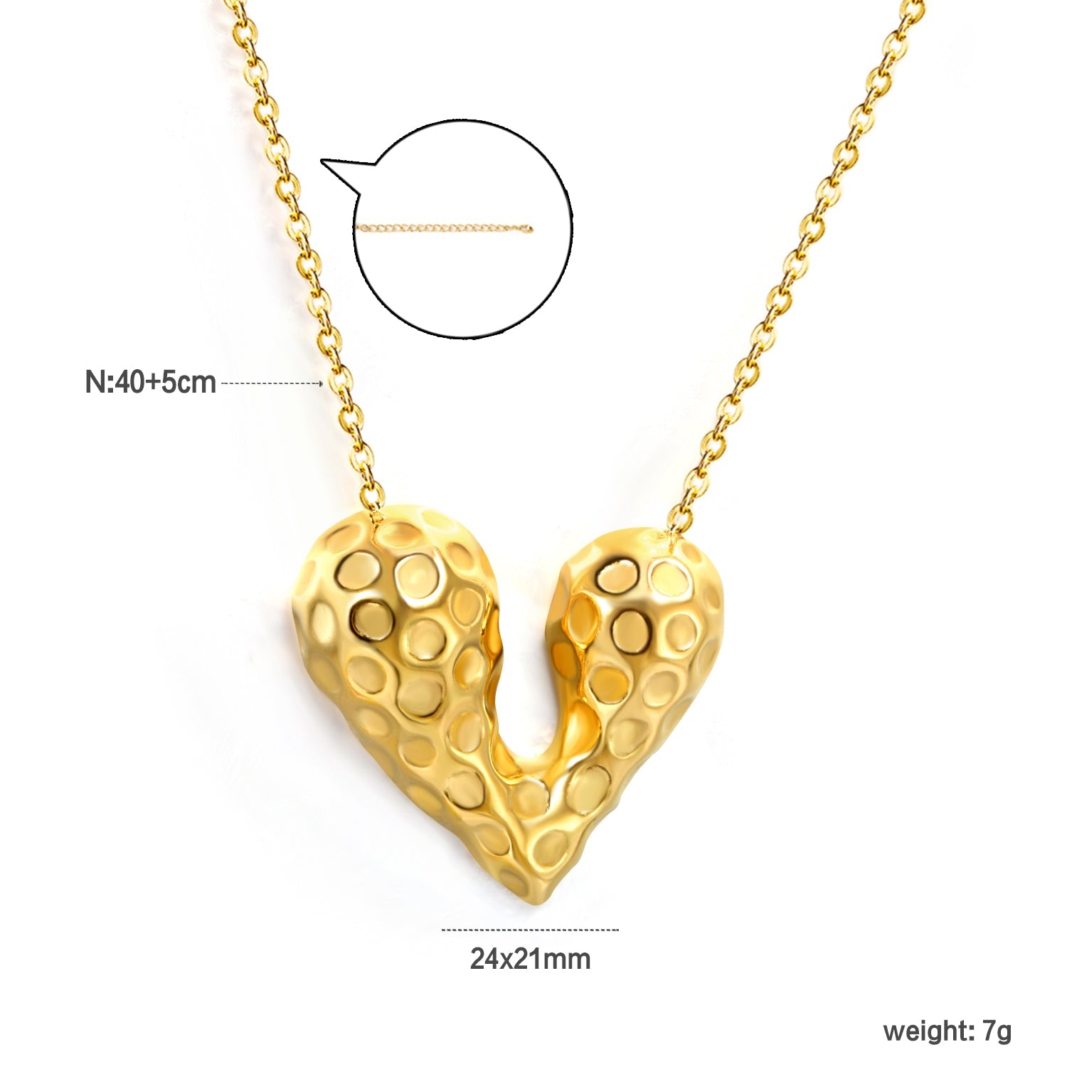 24*21mm Heart with Pitted Face Pendant Necklace 0.3 Cross Chain 40+5cm+6mm Round End Plate Steel Color/Golden Color asonjewelry