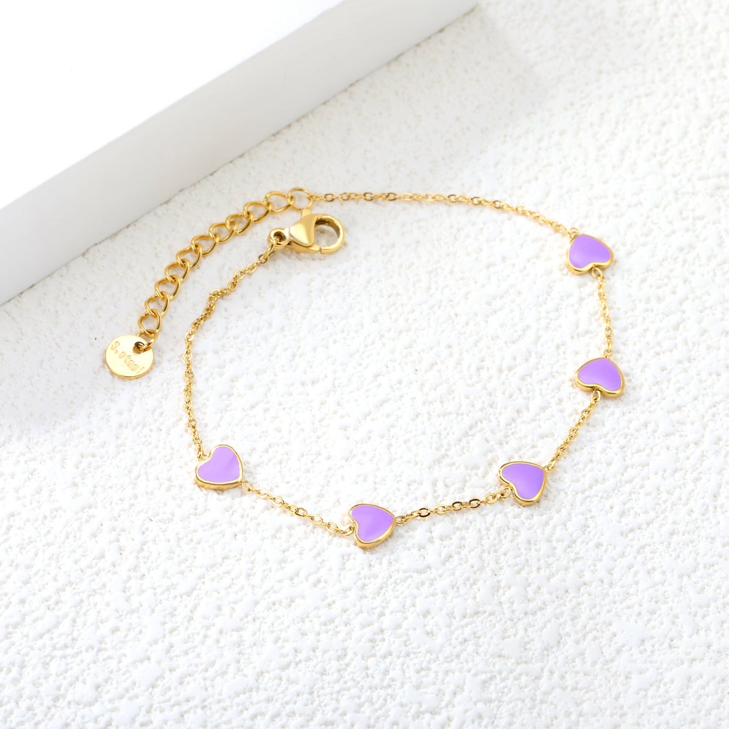 6.3*5.5mm heart-shaped black/purple/red/pink/dark blue oil-dripping accessories 0.3 cross chain *18+3cm+6mm round sign bracelet gold color asonjewelry