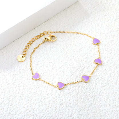 6.3*5.5mm heart-shaped black/purple/red/pink/dark blue oil-dripping accessories 0.3 cross chain *18+3cm+6mm round sign bracelet gold color asonjewelry