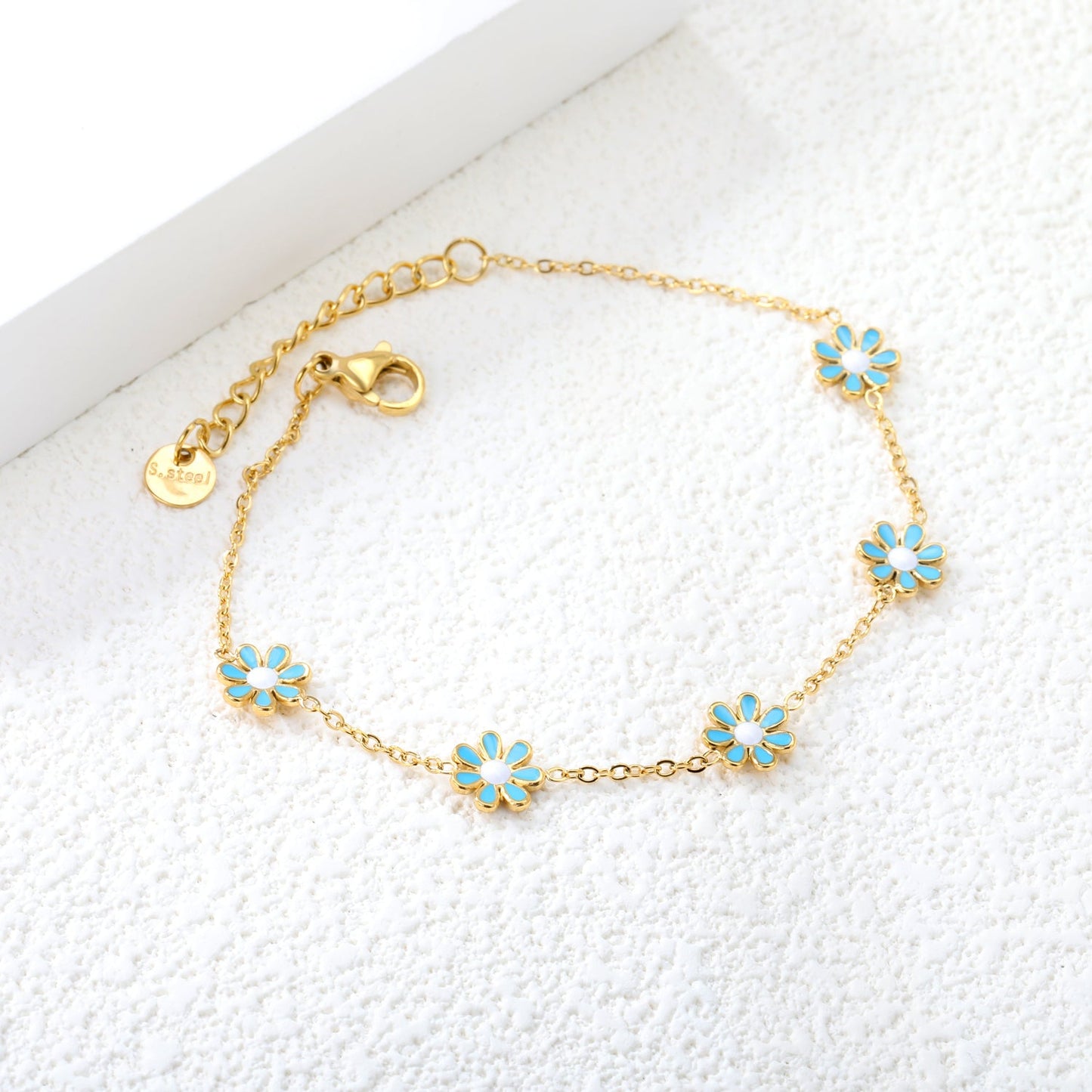 8mm six-petal flower white/black/purple/blue oil drop accessories 0.35 cross chain *18+3cm+6mm round sign bracelet gold color asonjewelry