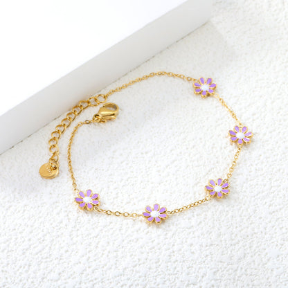 8mm six-petal flower white/black/purple/blue oil drop accessories 0.35 cross chain *18+3cm+6mm round sign bracelet gold color asonjewelry