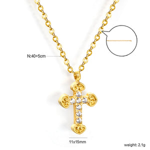 11*15mm cross with white zirconium pendant necklace 0.3 cross chain 40+5cm+6mm round tag Gold color