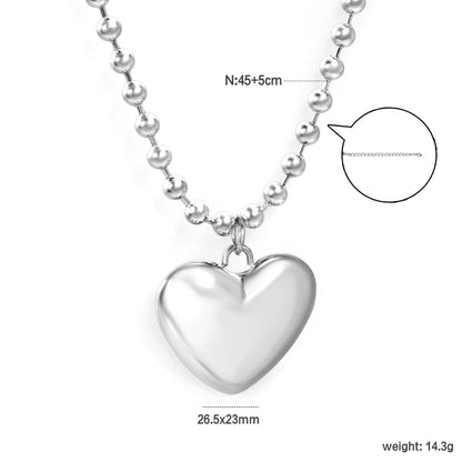 26.5*23mm Hollow Heart Pendant Necklace 4.0 Wave Bead Chain 45+5cm+6mm Round Plaque Steel Color asonjewelry