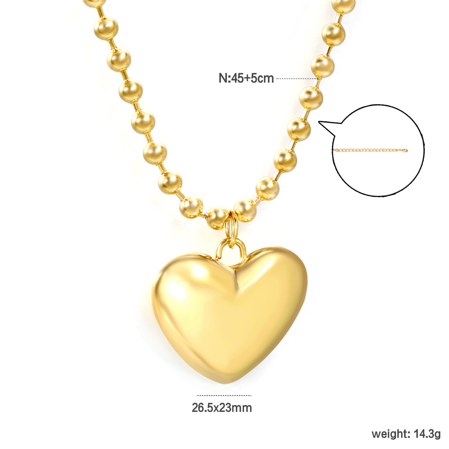 26.5*23mm Hollow Heart Pendant Necklace 4.0 Wave Bead Chain 45+5cm+6mm Round Plaque Steel Color asonjewelry