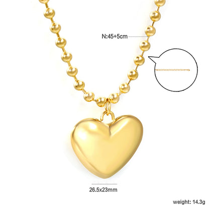 26.5*23mm Hollow Heart Pendant Necklace 4.0 Wave Bead Chain 45+5cm+6mm Round Plaque Steel Color asonjewelry