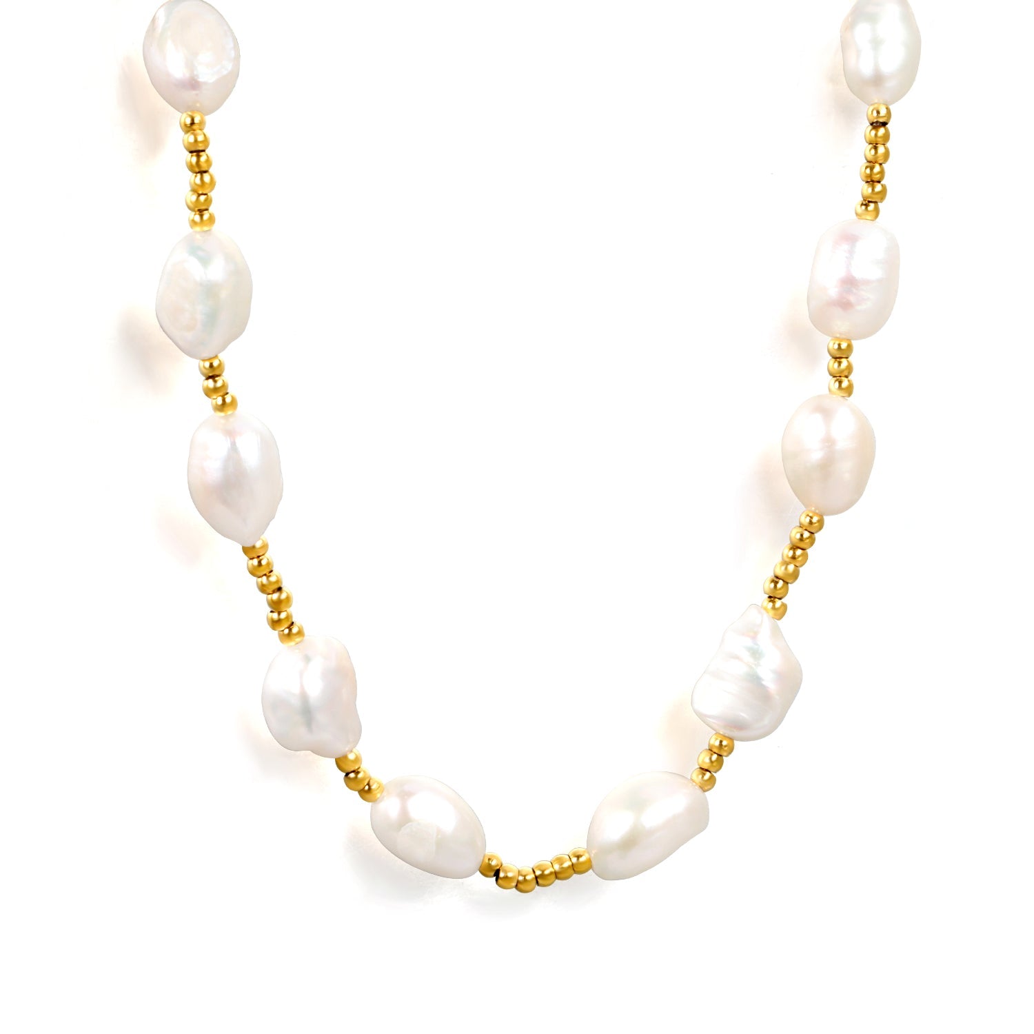 7*9mm freshwater pearl+2mm steel bead necklace 40+5cm+6mm round plaque Gold color asonjewelry
