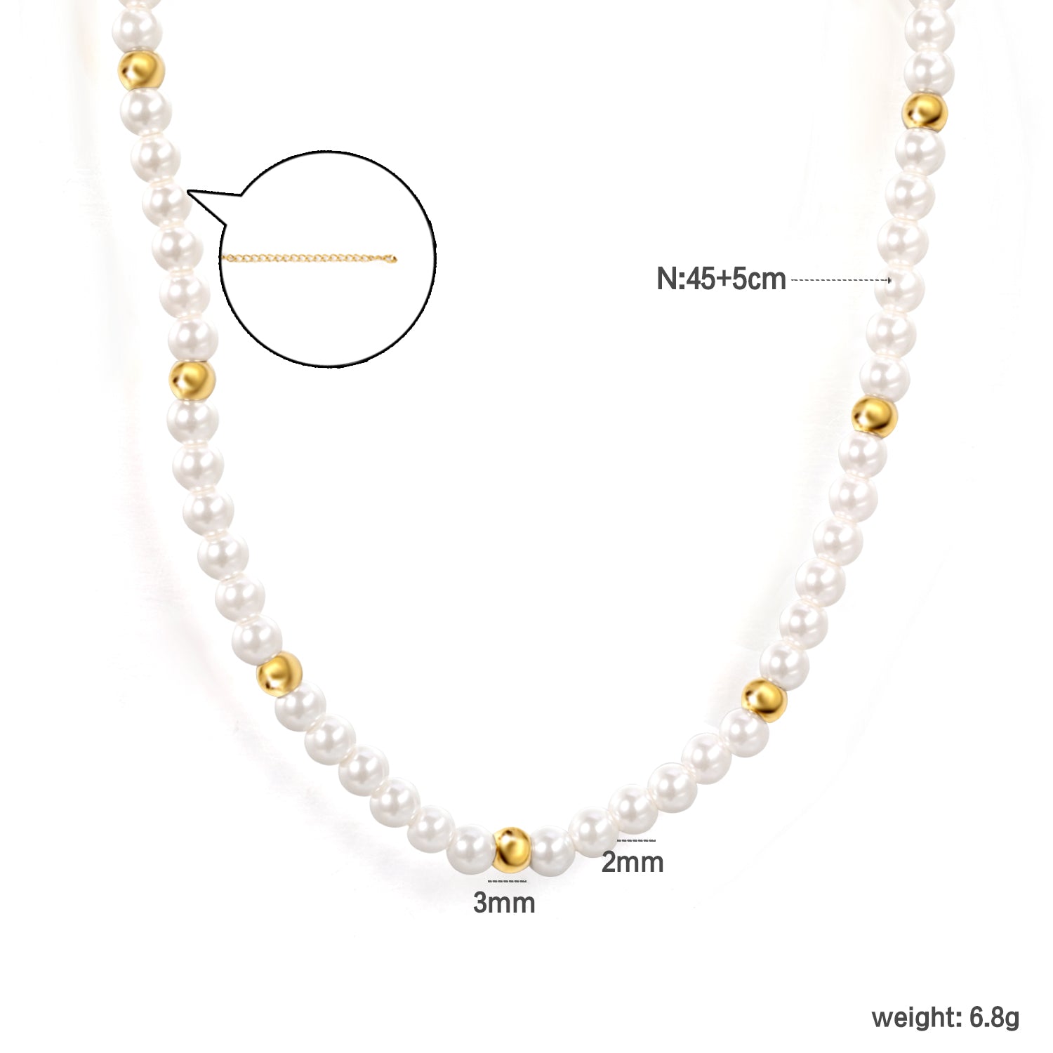 3.2mm white shell beads + 3mm small steel beads necklace 40+5cm+6mm round plaque gold color asonjewelry
