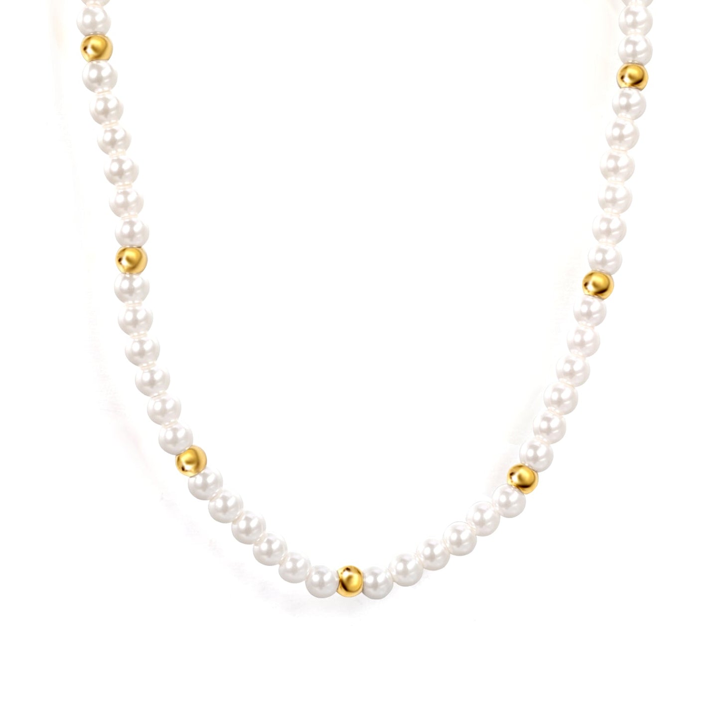 3.2mm white shell beads + 3mm small steel beads necklace 40+5cm+6mm round plaque gold color asonjewelry