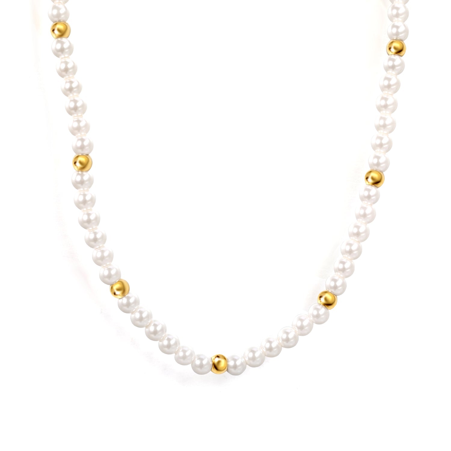 3.2mm white shell beads + 3mm small steel beads necklace 40+5cm+6mm round plaque gold color asonjewelry