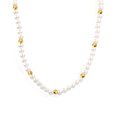 3.2mm white shell beads + 3mm small steel beads necklace 40+5cm+6mm round plaque gold color