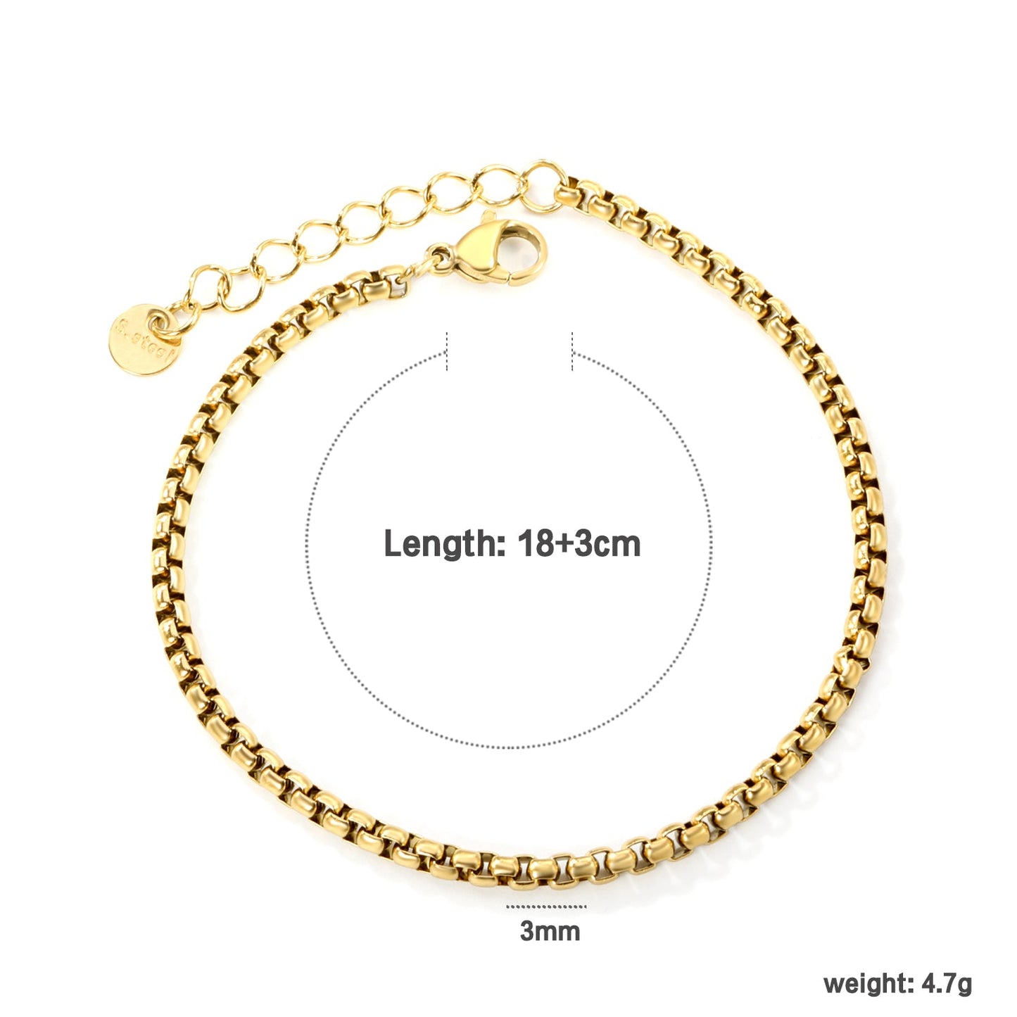 Wide 2mm/3mm Square Pearl Bracelet 18+3cm+6mm Round Tail Plaque Gold Color asonjewelry
