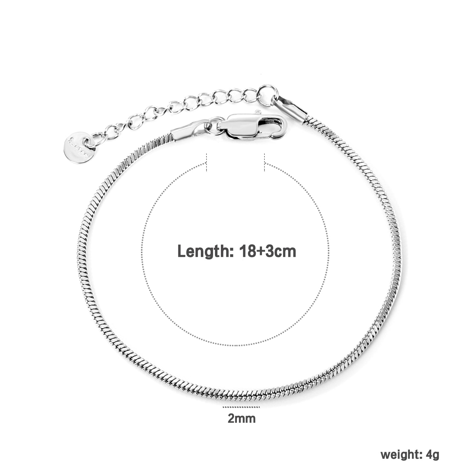 2.0mm/2.4mm Square Snake Bone Bracelet 18+3cm+6mm Round Tail Plaque Steel/Golden asonjewelry