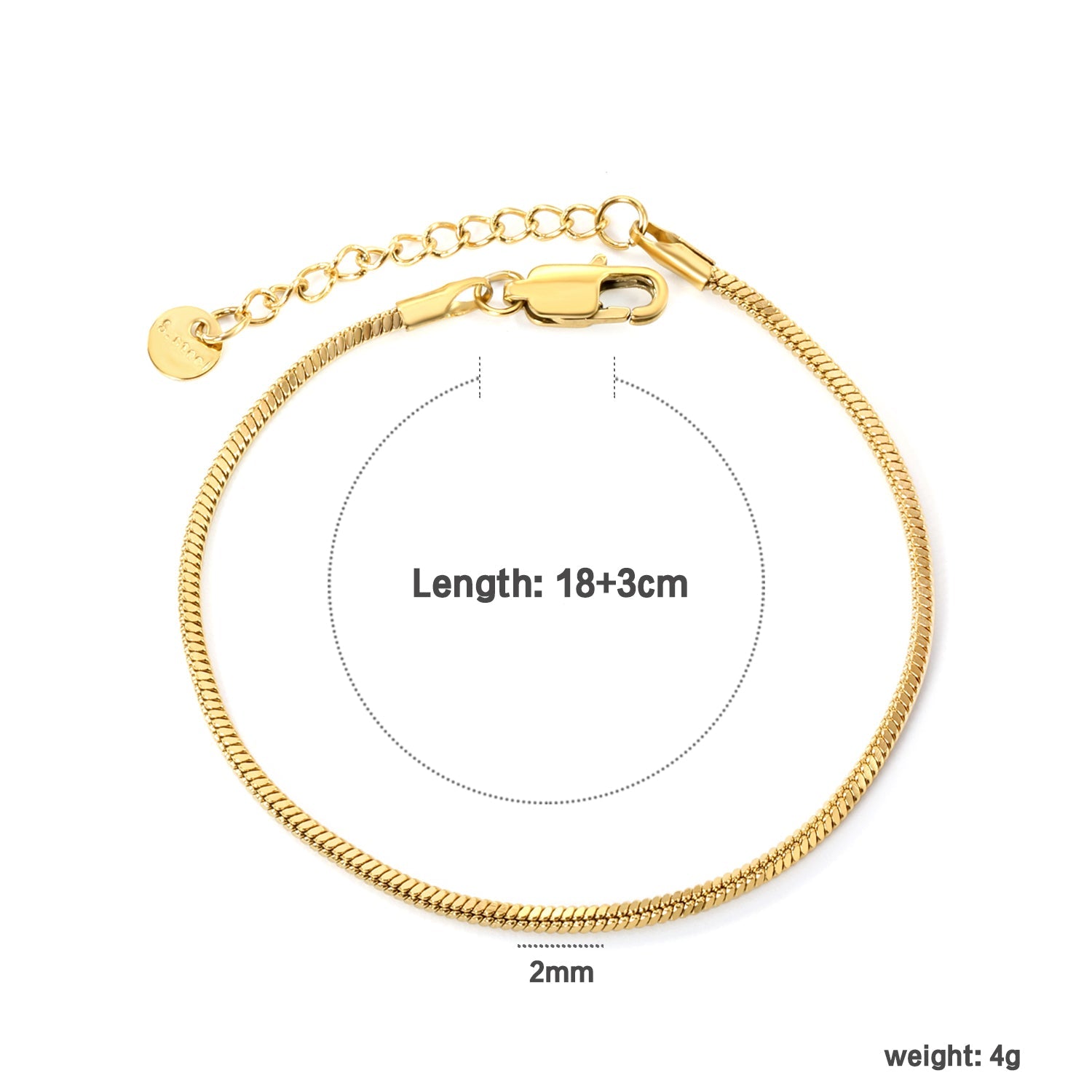2.0mm/2.4mm Square Snake Bone Bracelet 18+3cm+6mm Round Tail Plaque Steel/Golden asonjewelry