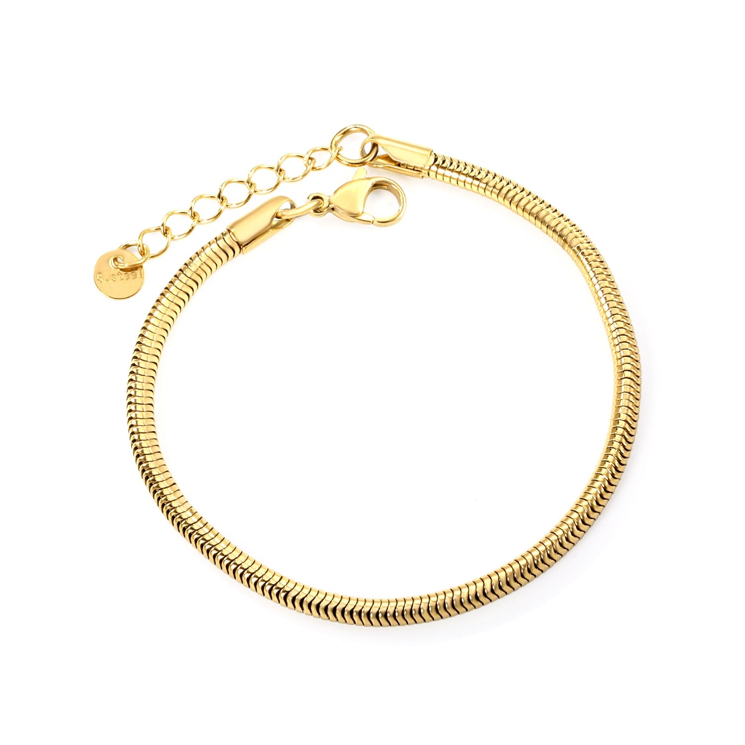 3.2mm Round Snake Bone Chain Bracelet 18+3cm+6mm Round Tail Plate Steel/Gold asonjewelry