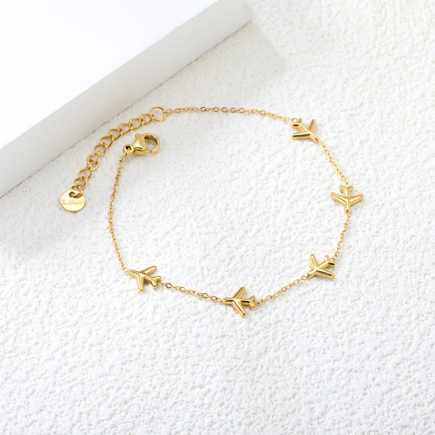 8.2*8mm Airplane Accessories 0.3 Cross Chain*18+3cm+6mm Round Plaque Bracelet Golden asonjewelry