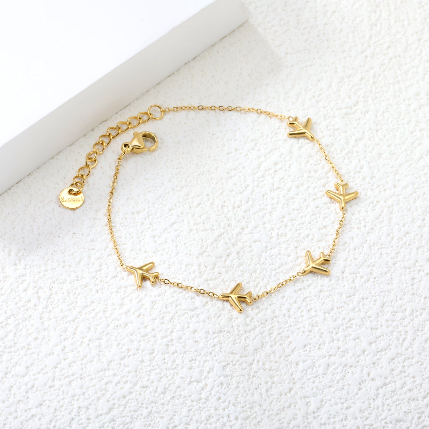 8.2*8mm Airplane Accessories 0.3 Cross Chain*18+3cm+6mm Round Plaque Bracelet Golden asonjewelry