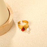 9.4mm high butterfly / freshwater pearl + seven-spotted ladybug open ring in gold #7